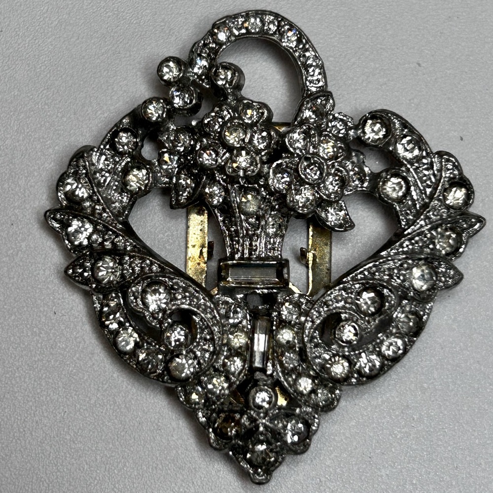 Vintage Art Nouveau Fur Clip Dress Rhinestones Flower Basket Bouquet Brooch Pin